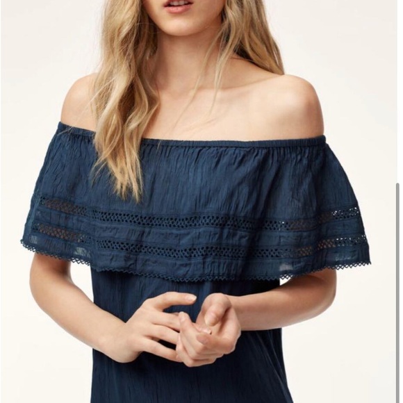 Aritzia Wilfred Emmie Off-The-Shoulder Navy Blue Dress - Picture 3 of 6
